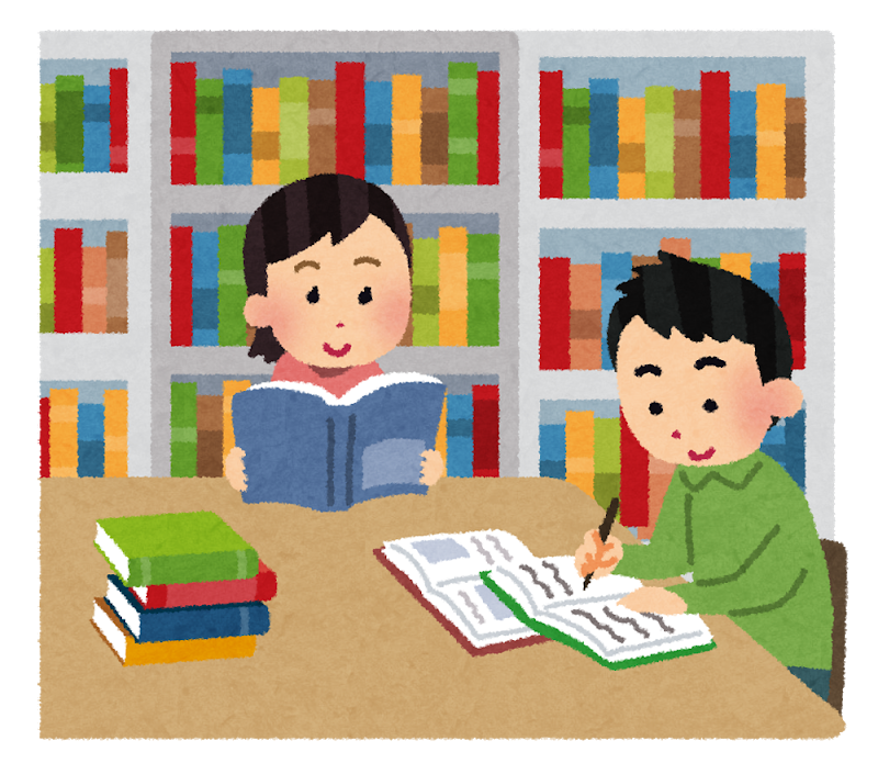 机で本を読んだり調べ物をしている人たちのイラスト