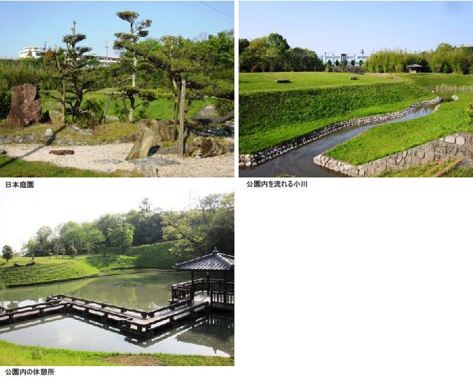 青空の下の日本庭園と公園内を流れる川と公園内の休憩所がある万助溜公園の3つの写真