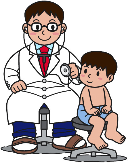 幼児の背中を聴診器で診察する医師のイラスト