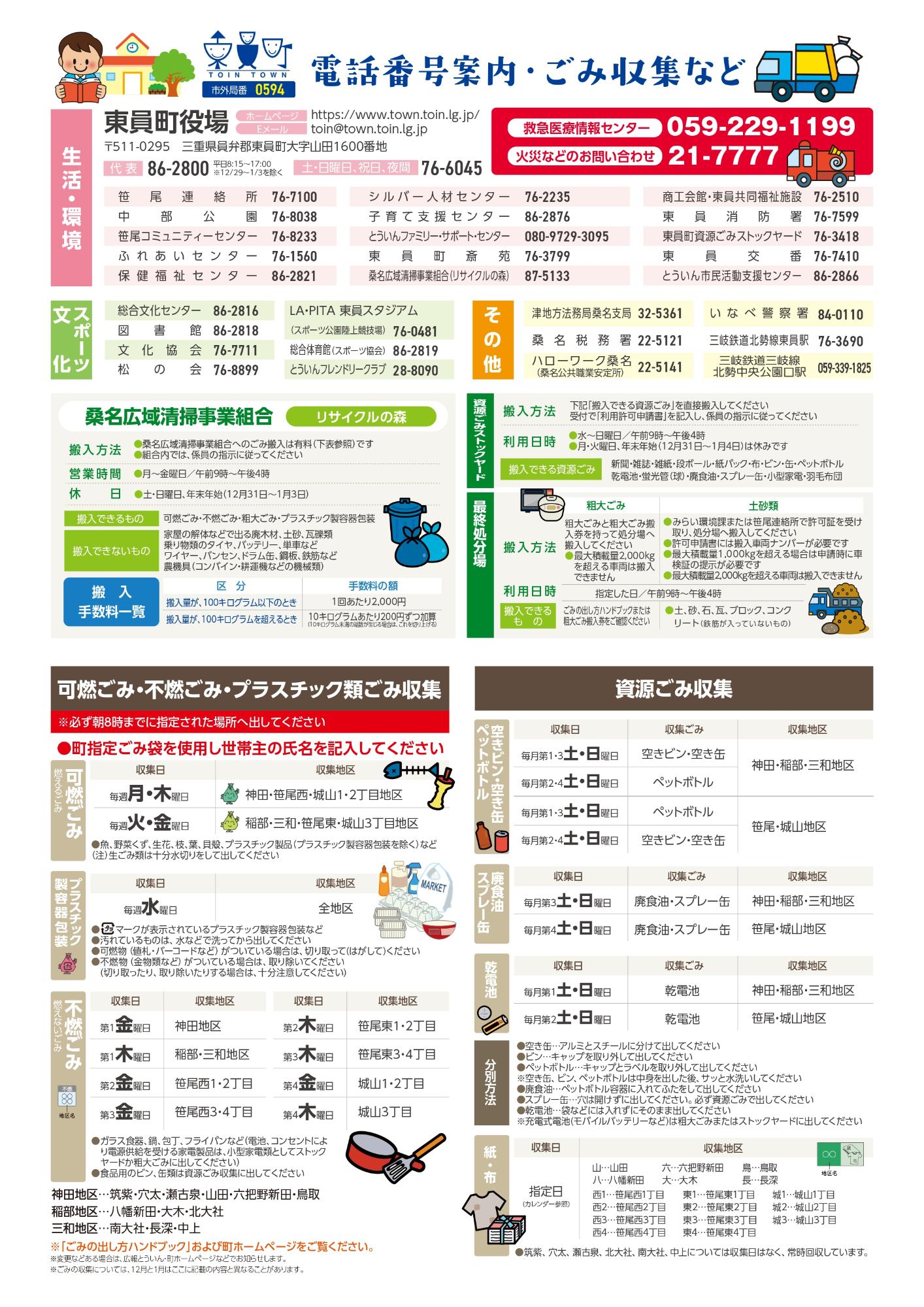 町民カレンダー2025 電話番号案内・ごみ収集など