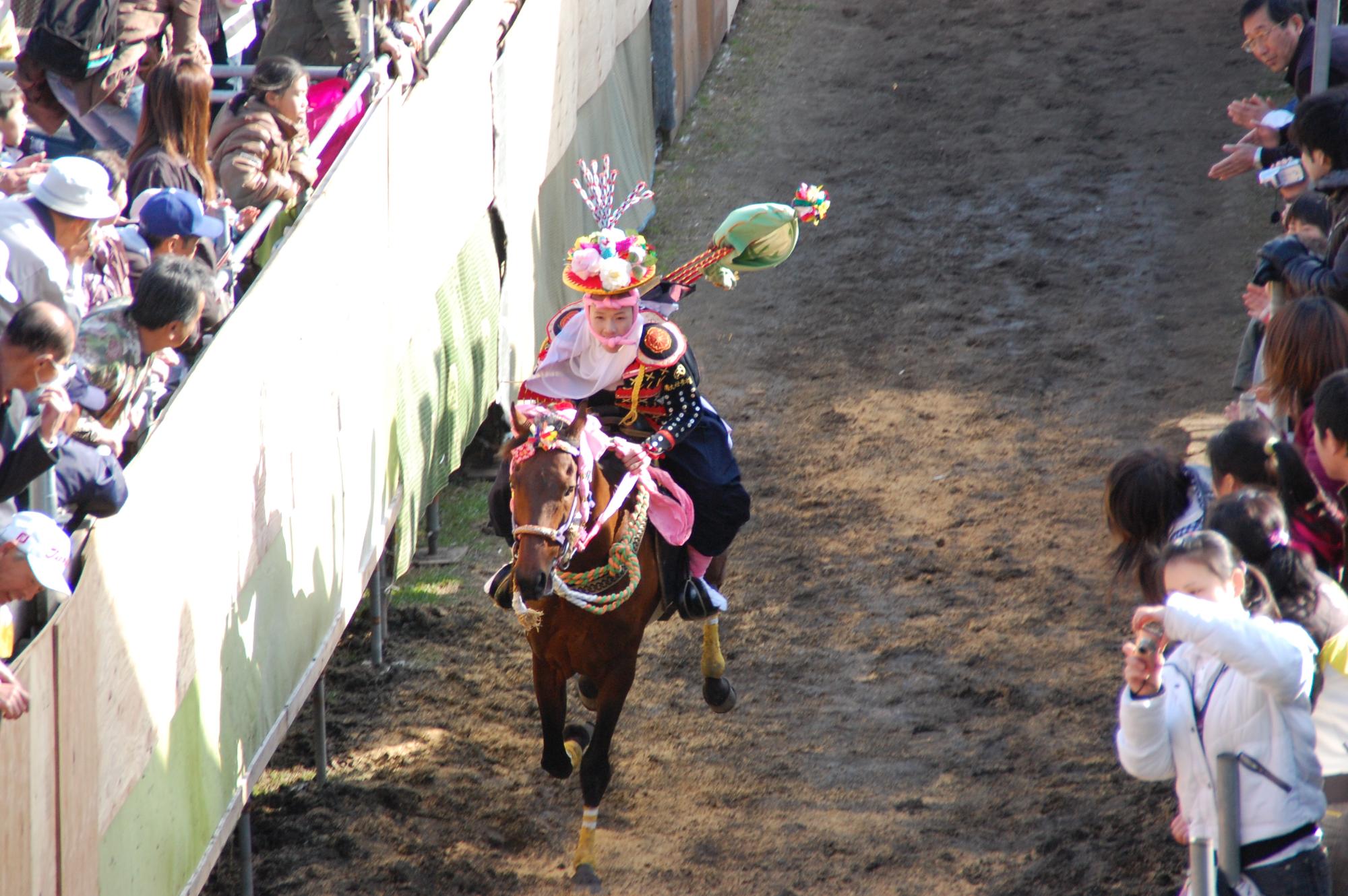 大社祭（おやしろまつり）で馬で駆けている写真