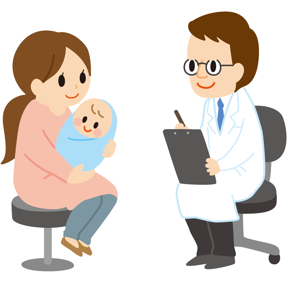 赤ちゃんを抱く母親と問診する白衣の男性のイラスト