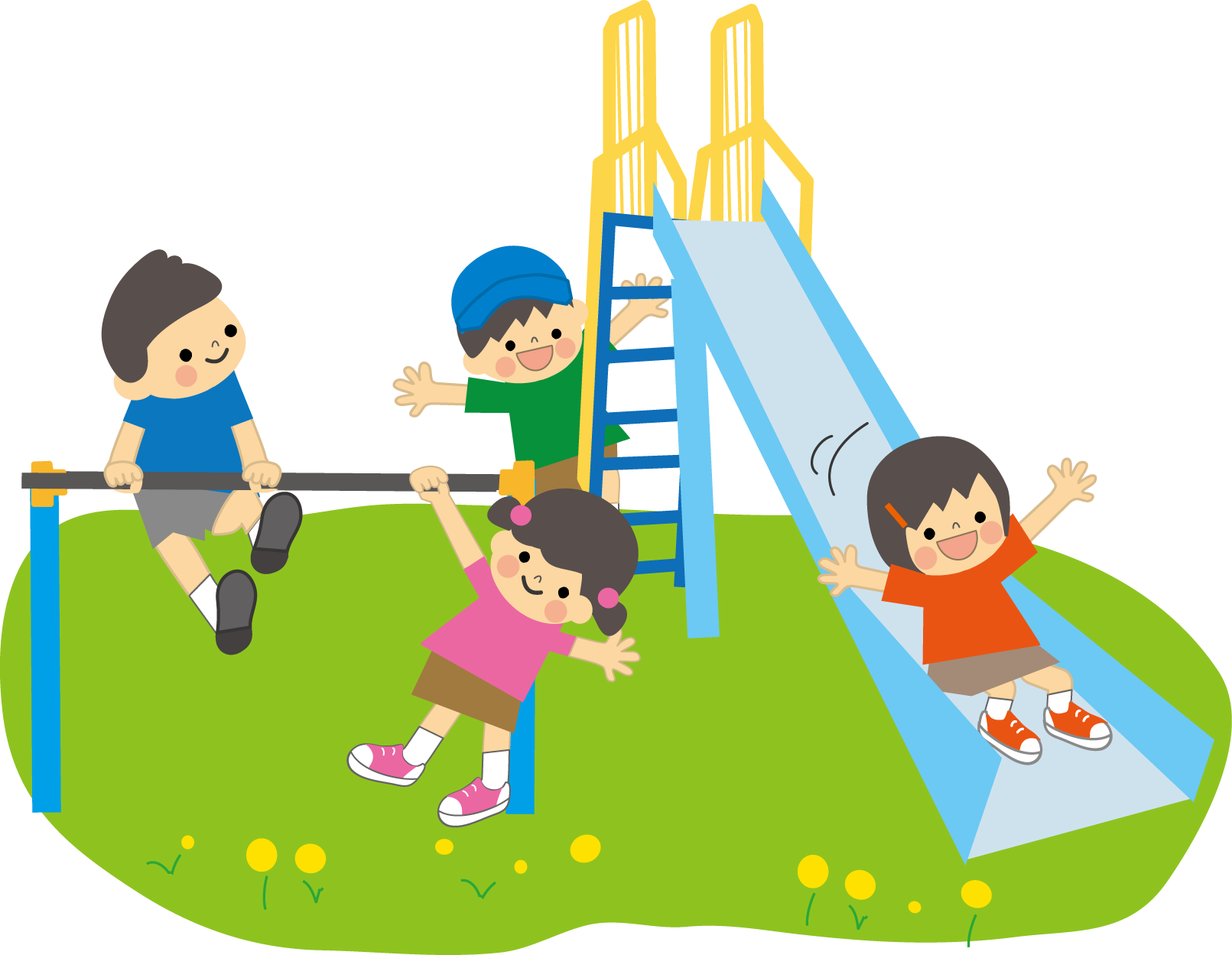 公園の鉄棒で遊ぶ男児と女児と滑り台で遊ぶ男児と女児のイラスト