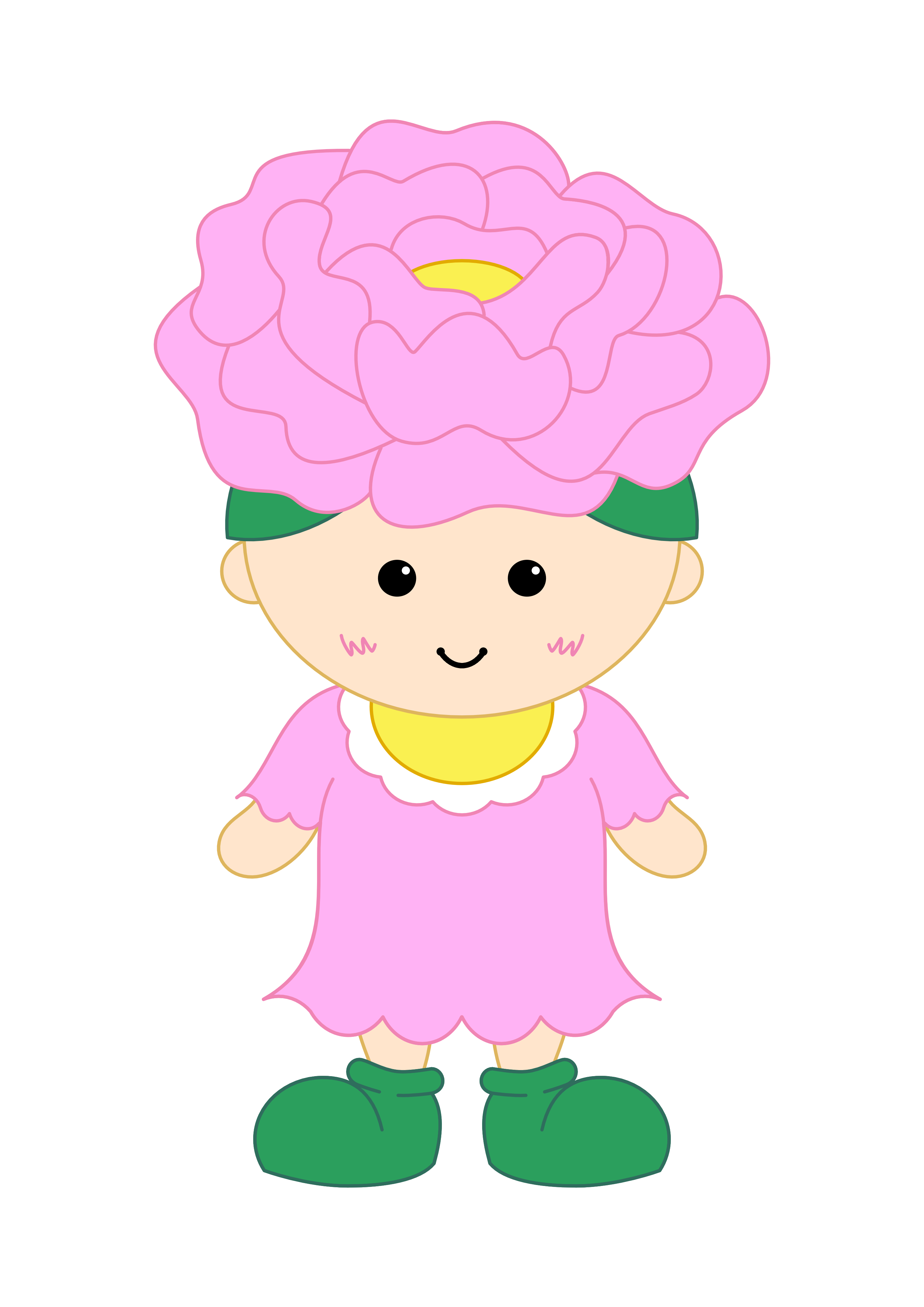 ピンク色の帽子と黄色い涎掛け、ピンク色の服を着た子供の姿をしたキャラクターのイラスト