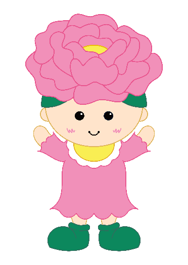 ピンク色の花の帽子とピンク色の服を着た子供のマスコットキャラクターのイラスト