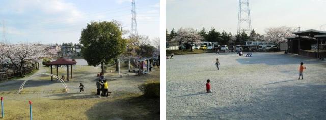 左側画像は桜の木や鉄棒、休憩所があり子供たちが木の下で遊んでいる写真、右側画像はグラウンドでボール遊びをしている子供たちの写真