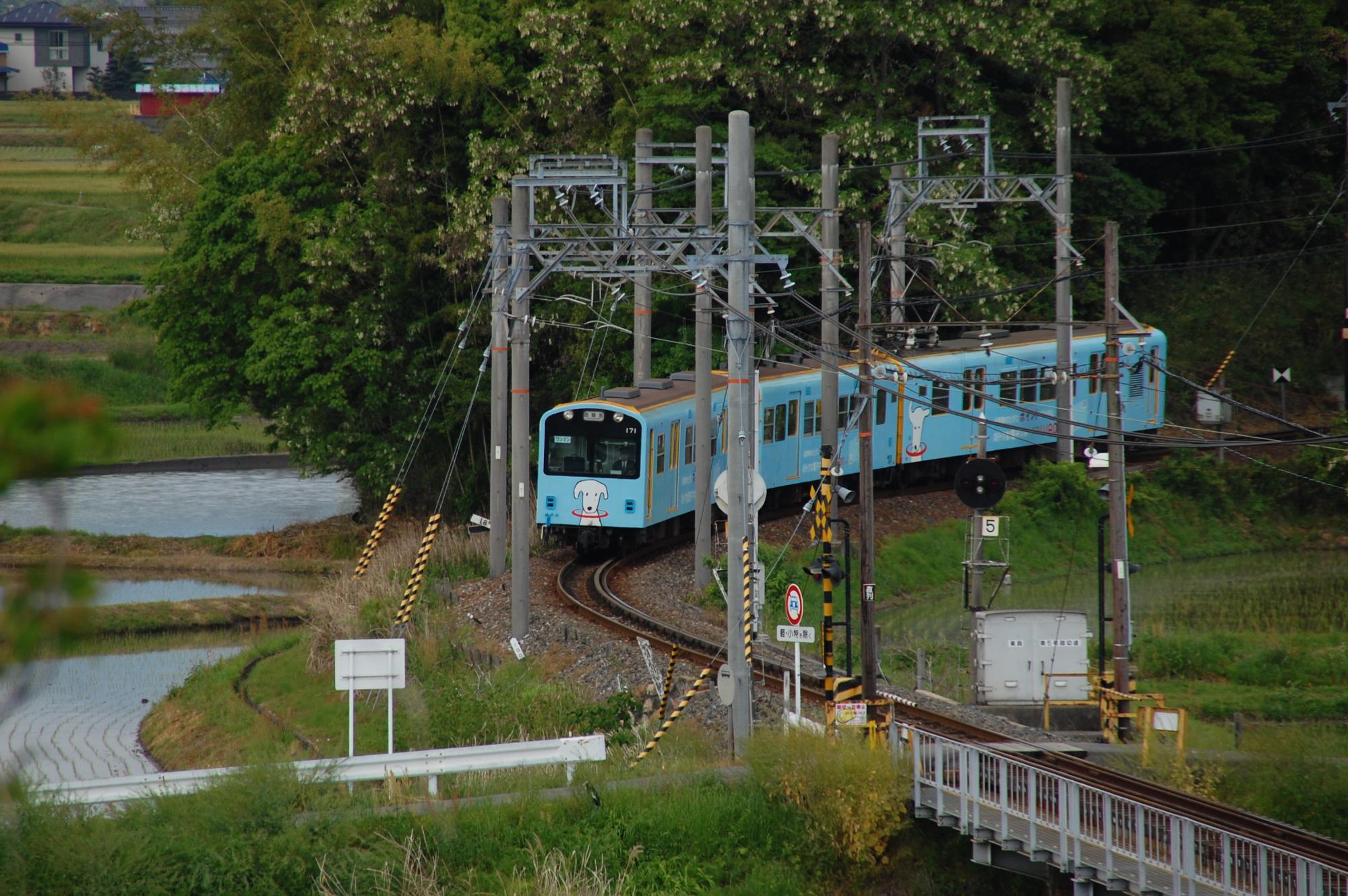 電子マネーWAONのラッピングが施された水色の列車がカーブを走っている様子の写真