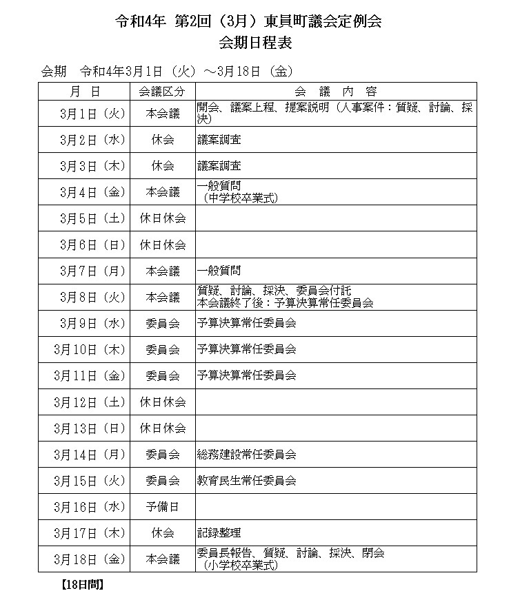 令和4年(第2回)東員町議会定例会 会期日程表