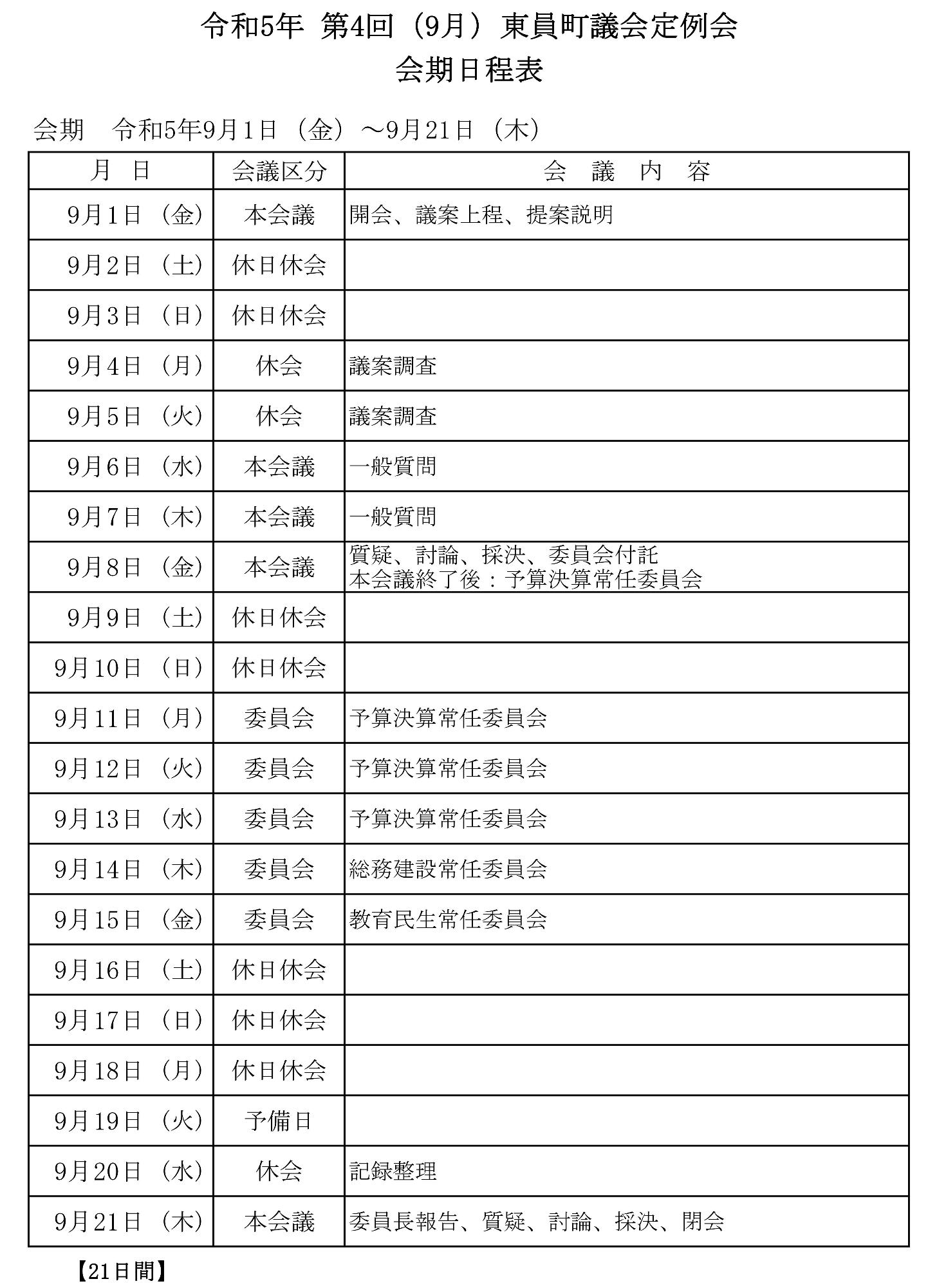 令和5年(第4回)東員町議会定例会 会期日程表