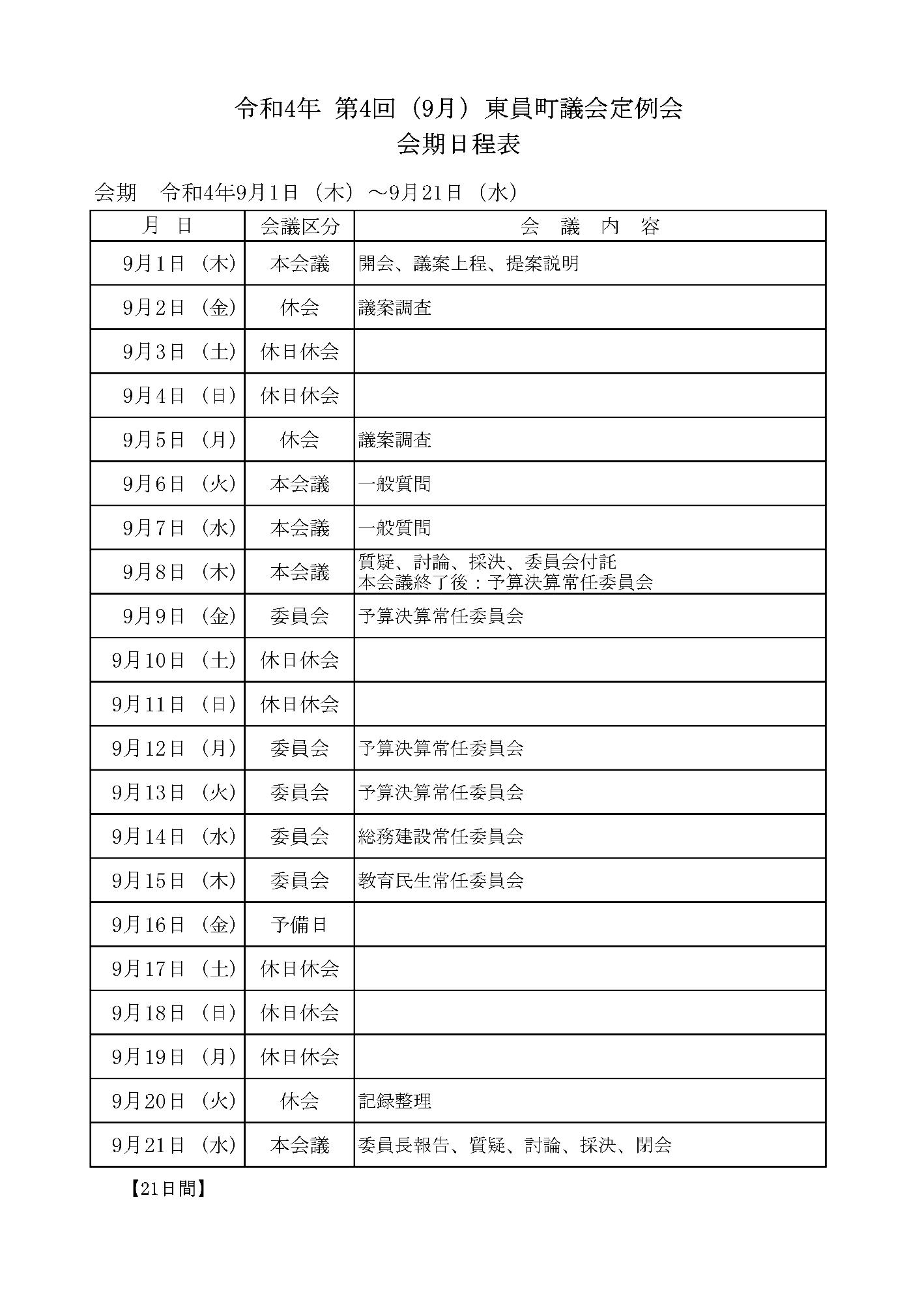 令和4年(第4回)東員町議会定例会 会期日程表
