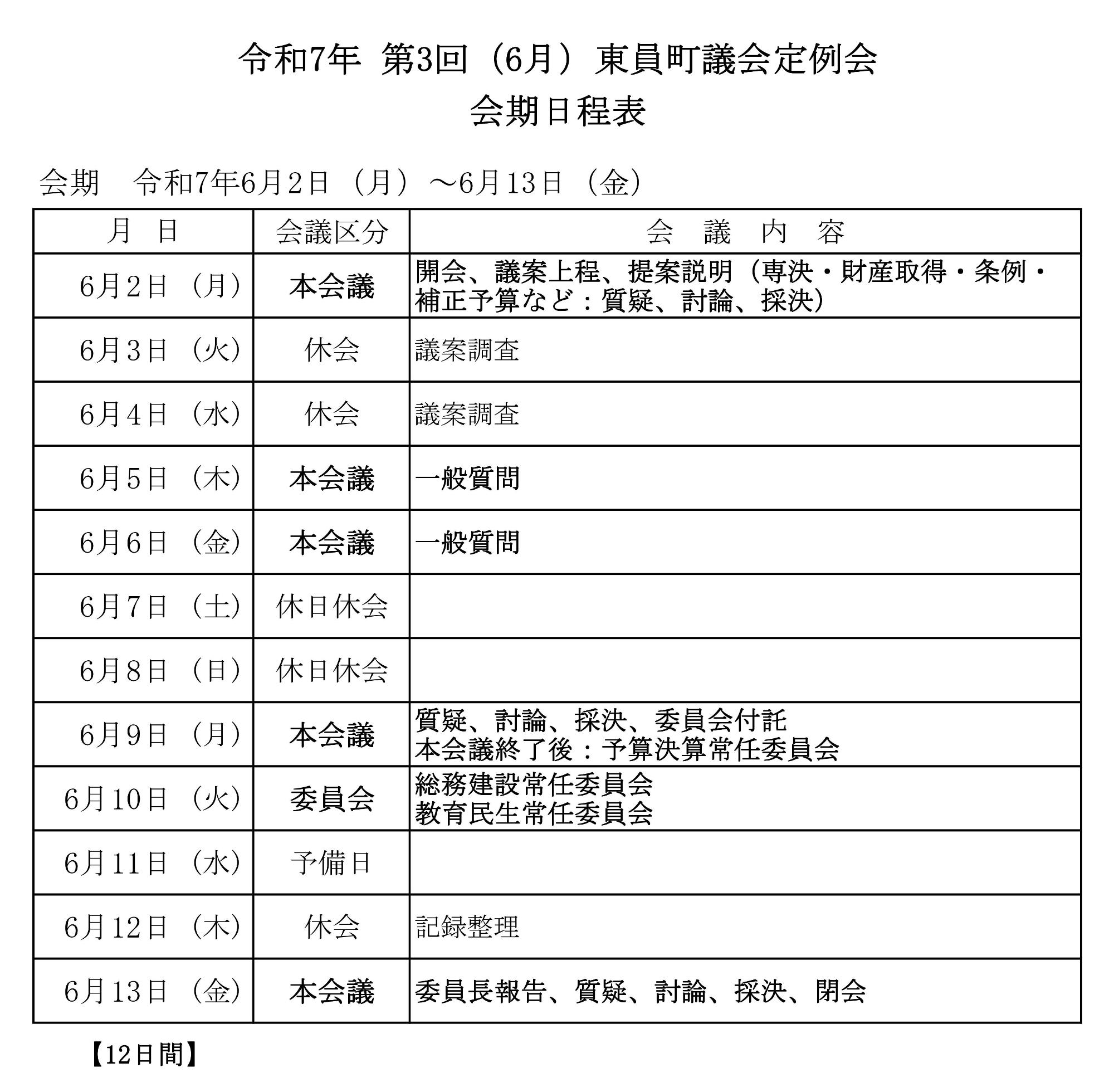 令和7年6月定例会会期日程